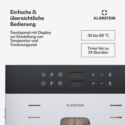 Klarstein Dörrautomat Edelstahl – 4.000-W-Dörrgerät, 48 Edelstahl-Einlegeböden, 30–90 °C, 24-Stunden-Timer, 6 Ventilatoren, 2 Trockenkammern, 50–55 dB, ideal für Obst, Gemüse, Fleisch, Kräuter, Silber