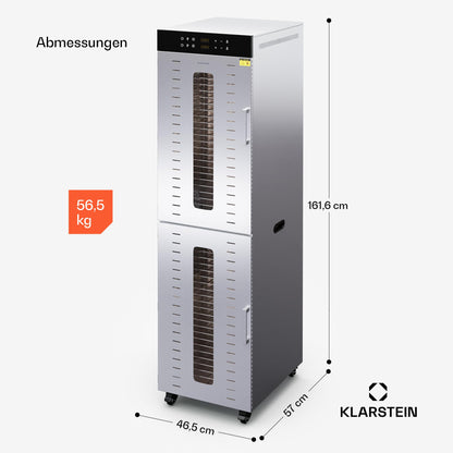Klarstein Dörrautomat Edelstahl – 4.000-W-Dörrgerät, 48 Edelstahl-Einlegeböden, 30–90 °C, 24-Stunden-Timer, 6 Ventilatoren, 2 Trockenkammern, 50–55 dB, ideal für Obst, Gemüse, Fleisch, Kräuter, Silber