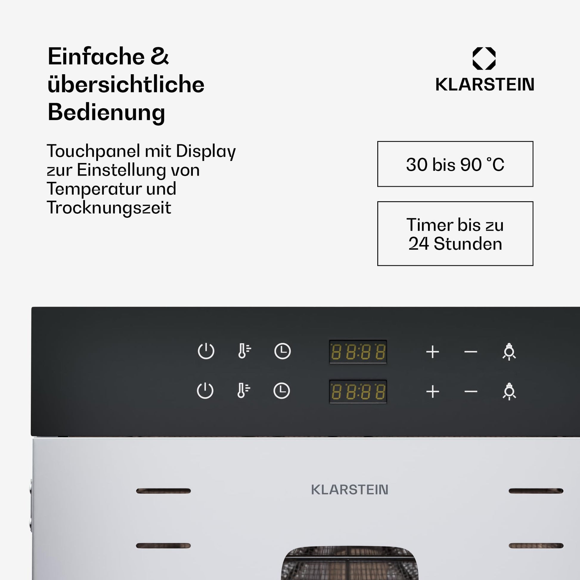 Klarstein Dörrautomat Edelstahl – 4.000-W-Dörrgerät, 48 Edelstahl-Einlegeböden, 30–90 °C, 24-Stunden-Timer, 6 Ventilatoren, 2 Trockenkammern, 50–55 dB, ideal für Obst, Gemüse, Fleisch, Kräuter, Silber