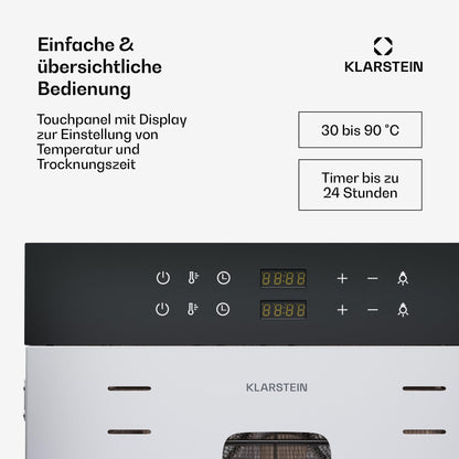 Klarstein Dörrautomat Edelstahl – 4.000-W-Dörrgerät, 48 Edelstahl-Einlegeböden, 30–90 °C, 24-Stunden-Timer, 6 Ventilatoren, 2 Trockenkammern, 50–55 dB, ideal für Obst, Gemüse, Fleisch, Kräuter, Silber