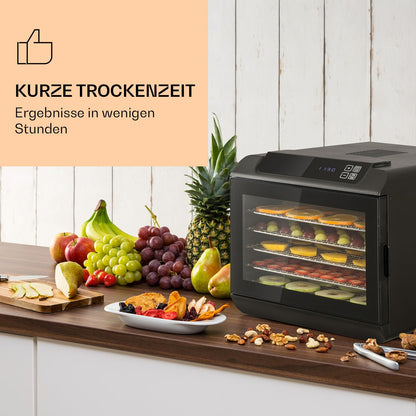 Klarstein Arizona Jerky Dörrautomat - Dörrgerät, Dehydrator, trocknet Obst, Fleisch und Früchte, 500 Watt, 35-70°C, 6 spülmaschinenfeste Einlagefächer, kurze Trockenzeit, Touch-Display, schwarz
