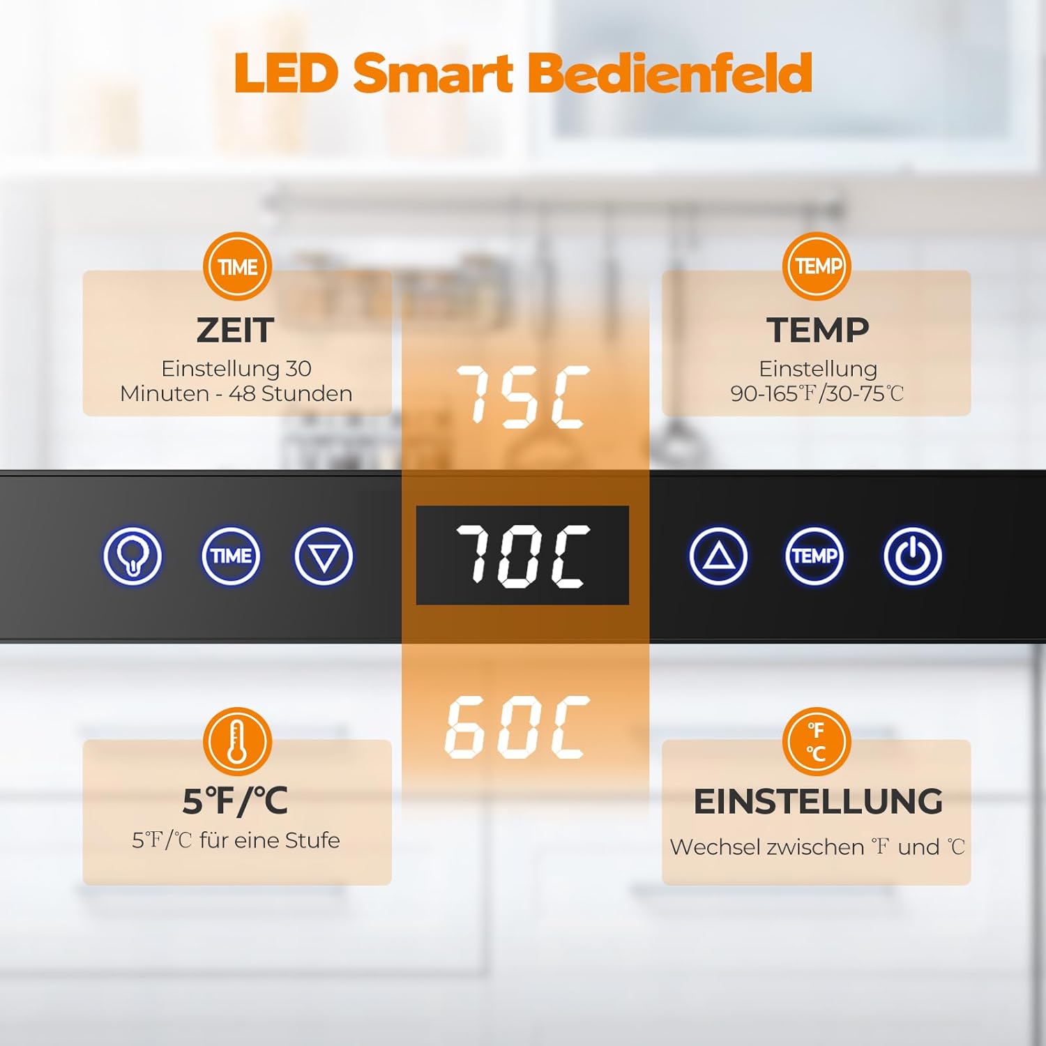 YASHE Stainless Steel Dehydrator with Digital Control (Temperature up to 75°C, Timer up to 48 Hours), 9 Trays Dehydrator for Fruit and Vegetables, Rear Fan for 360° Air Circulation, 800 W