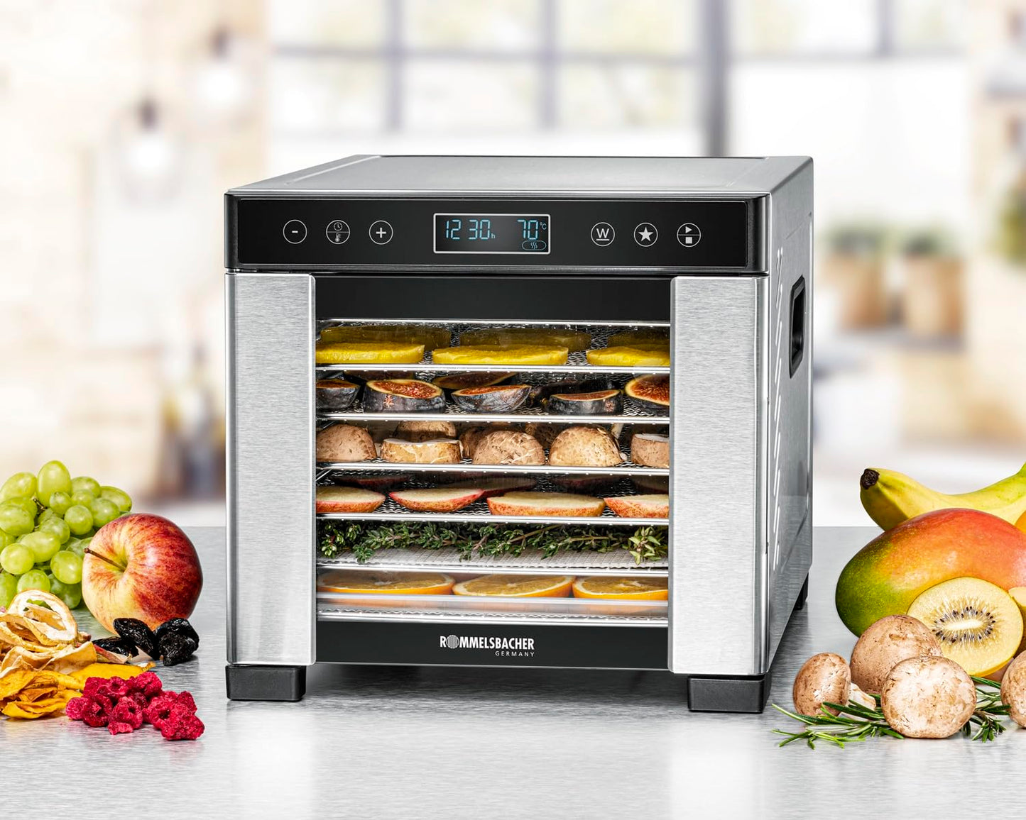 ROMMELSBACHER Dörrautomat DA 1000, XXL-Dörrfläche 1,6 m², inkl. 10 Edelstahl-Dörrtabletts, 2 Dörrgitter, 2 Dörrmatten, LED-Display, 24 Std. Zeitschaltuhr, Temperatur einstellbar (35 °C – 75 °C)