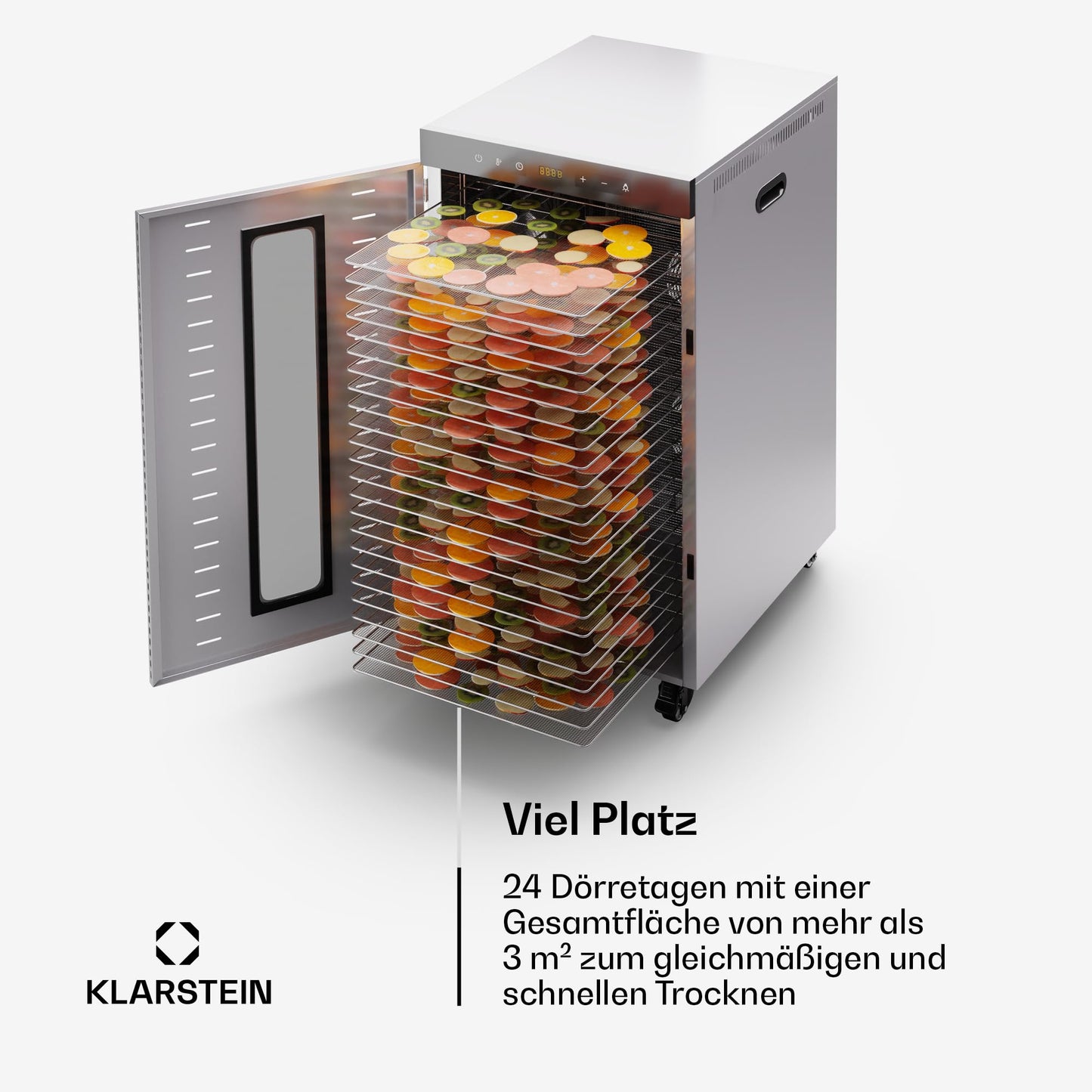 Klarstein Dörrautomat Edelstahl – 4.000-W-Dörrgerät, 48 Edelstahl-Einlegeböden, 30–90 °C, 24-Stunden-Timer, 6 Ventilatoren, 2 Trockenkammern, 50–55 dB, ideal für Obst, Gemüse, Fleisch, Kräuter, Silber