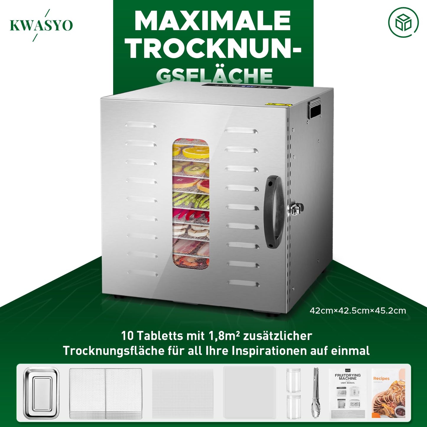 Kwasyo Dörrautomat Edelstahl DA 1000, XXL-Dörrfläche 1,8 m², Dörrgerät Temperatur einstellbar 30-90℃, LED-Display, 24 Std, BPA-frei, mit Rezeptheft, 10 Edelstahl-Dörrtabletts