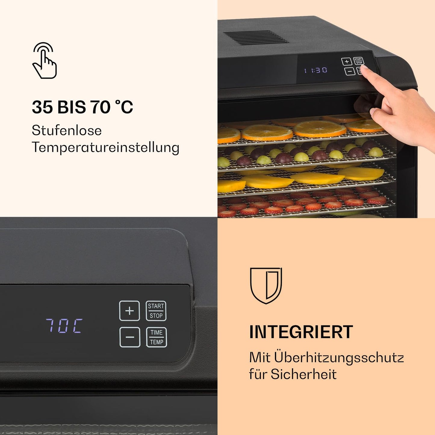 Klarstein Arizona Jerky Dörrautomat - Dörrgerät, Dehydrator, trocknet Obst, Fleisch und Früchte, 500 Watt, 35-70°C, 6 spülmaschinenfeste Einlagefächer, kurze Trockenzeit, Touch-Display, schwarz