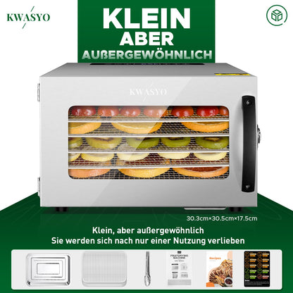 Kwasyo Dörrautomat Edelstahl DA 1000, XXL-Dörrfläche 1,8 m², Dörrgerät Temperatur einstellbar 30-90℃, LED-Display, 24 Std, BPA-frei, mit Rezeptheft, 10 Edelstahl-Dörrtabletts