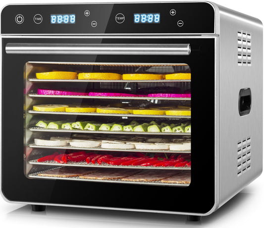 Kwasyo Dörrautomat Edelstahl Trockenkapazität 3,8 kg Rindfleisch, 0,67 m² Trockenfläche, 8 Edelstahl-Dörrtabletts (28x30 cm), 35-85°C Dörrgerät für Hundeleckerlis, Kräuter, Fleisch, Obst, Joghurt