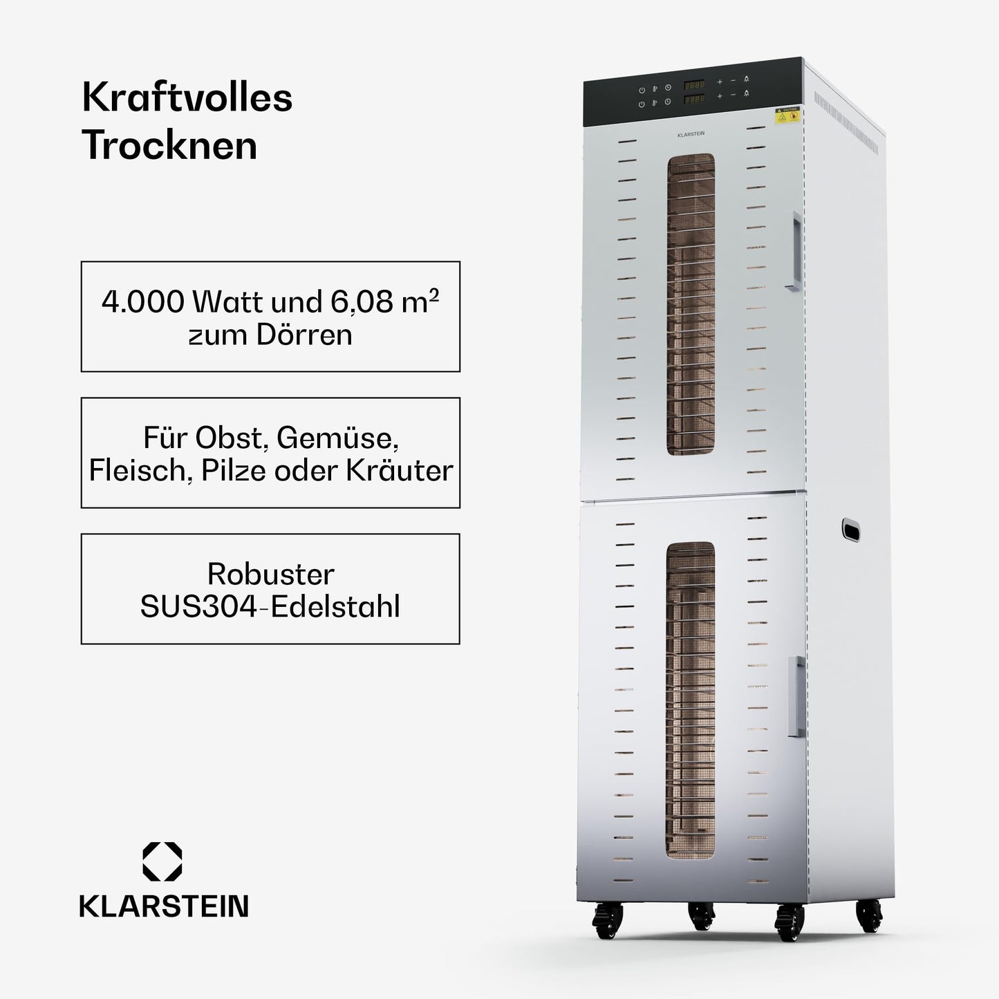 Klarstein Dörrautomat Edelstahl – 4.000-W-Dörrgerät, 48 Edelstahl-Einlegeböden, 30–90 °C, 24-Stunden-Timer, 6 Ventilatoren, 2 Trockenkammern, 50–55 dB, ideal für Obst, Gemüse, Fleisch, Kräuter, Silber
